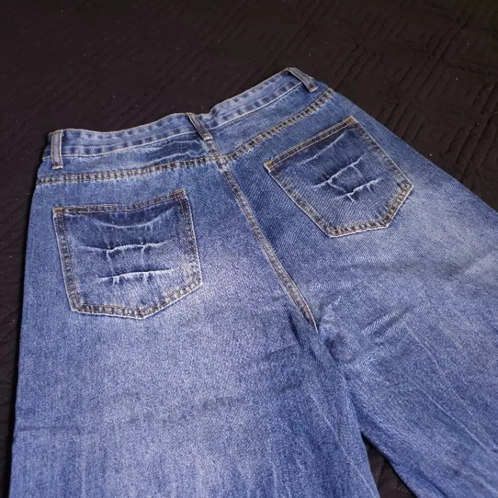 Faded Whiskered Wide Leg Jeans Light Blue Wash Gold Stitch W32 42in